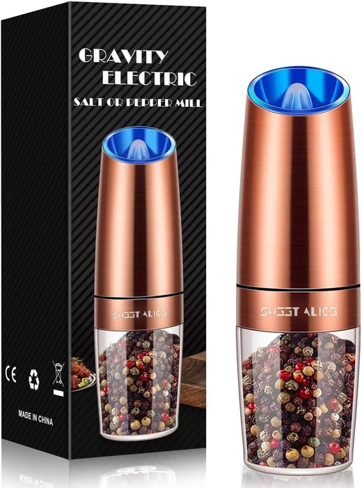 Gravity Electric Pepper and Salt Grinder Set, Salt and Pepper Mill & Adjustable Coarseness, Battery Powered with LED Light, One Hand Automatic Operation, Stainless Steel (Set/Silver)