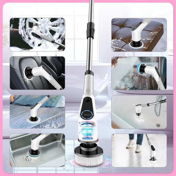 Electric Spin Scrubber, Cordless Cleaning Brush, Shower Scrubber with 8 Replaceable Brush Head, Power Cleaning Brush with Extension Handle, 2 Adjustable Speed, for Bathtub Grout Tile Floor