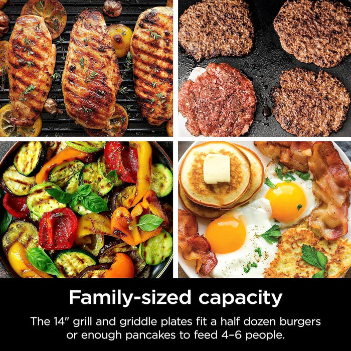 Griddle and Indoor Grill, 14’’, Electric Grill, for Steak, Burgers, Salmon, Veggies, and More, Pancake Griddle, Nonstick, Dishwasher Safe, 500F, Even Cooking, Silver, GR101