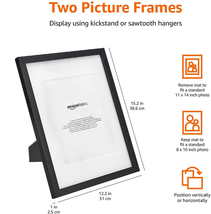 11" X 14" Photo Picture Frame or 8" X 10" with Mat - Black, 2-Pack