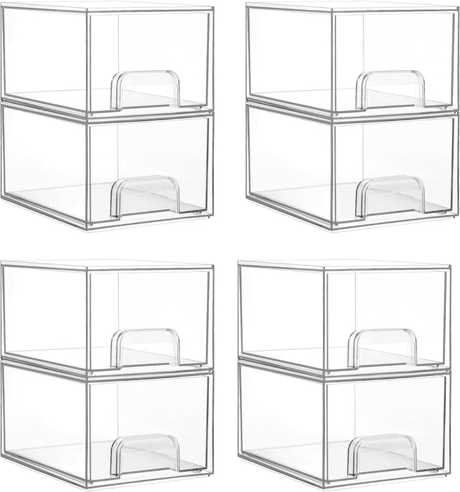 4 Pack Clear Stackable Storage Drawers, 4.4'' Tall Acrylic Bathroom Makeup Organizer,Plastic Storage Bins for Vanity, Undersink, Kitchen Cabinets, Pantry, Home Organization