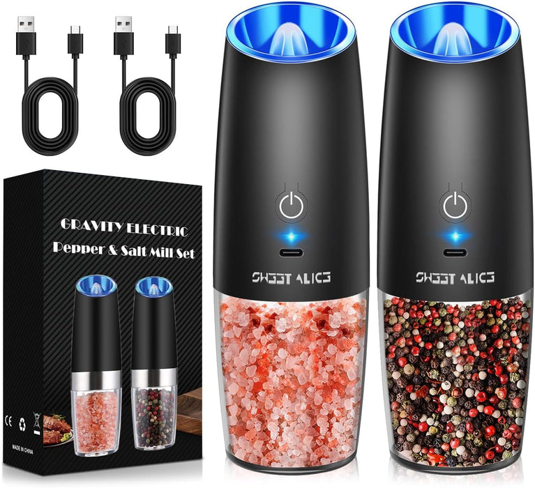 Gravity Electric Pepper and Salt Grinder Set, Salt and Pepper Mill & Adjustable Coarseness, Battery Powered with LED Light, One Hand Automatic Operation, Stainless Steel (Set/Silver)