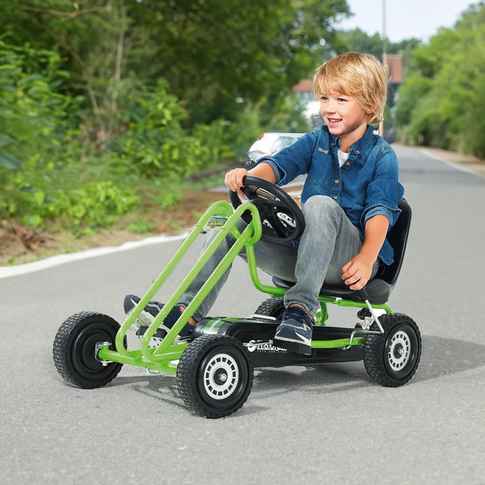 Lightning - Pedal Go Kart for Kids Ages 4-8, Adjustable Bucket Seat, Plastic Wheels with Rubber Profile, Handbrake for Both Rear Wheels, Ride on Toy for Boys and Girls, Race Green