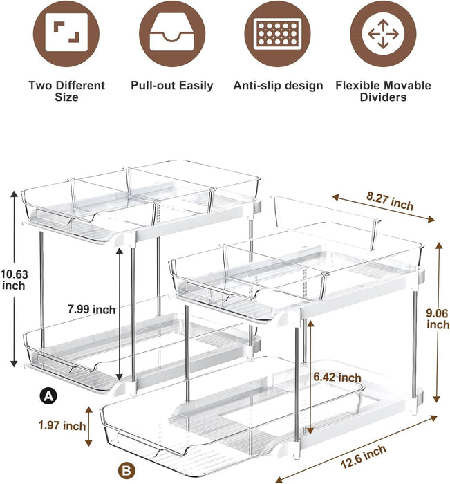 2 Sets of 2-Tier Multi-Purpose Bathroom under Sink Organizers and Storage, Stackable Kitchen Pantry Organization, Pull Out Medicine Cabinet Organizer with 8 Movable Dividers