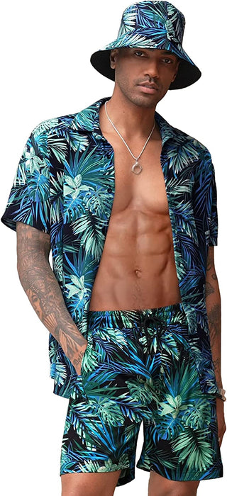 Men'S Hawaiian Shirt and Short Set Flower 2-Pieces Beach Outfit with Bucket Hats