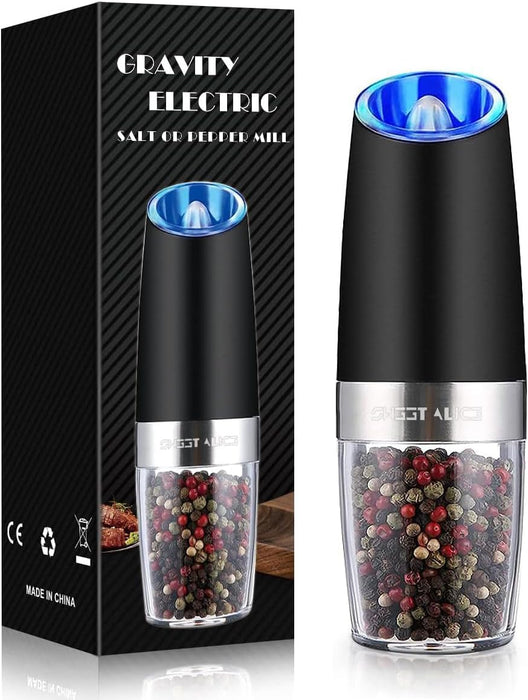 Gravity Electric Pepper and Salt Grinder Set, Salt and Pepper Mill & Adjustable Coarseness, Battery Powered with LED Light, One Hand Automatic Operation, Stainless Steel (Set/Silver)