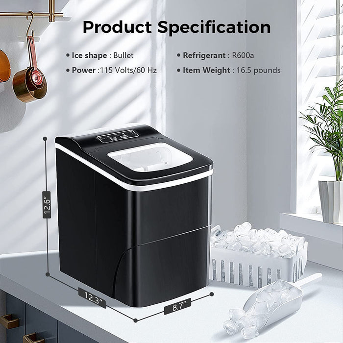 Ice Makers Countertop with Self-Cleaning, 26.5Lbs/24Hrs, 9 Cubes Ready in 6~8Mins, Portable Ice Machine with 2 Sizes Bullet Ice/Ice Scoop/Basket for Home/Kitchen/Office/Bar/Party, Black