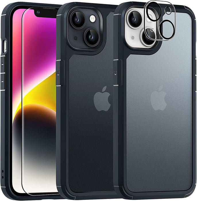 5 in 1 for Iphone 14 Case, [Not Yellowing] with 2 Tempered Glass Screen Protectors + 2 Camera Lens Protectors [Military Grade Protection] Shockproof Slim Phone Case 6.1 Inch, Matteblack