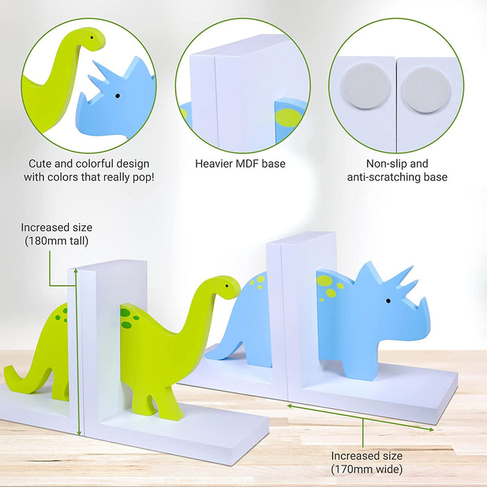 - Kids Bookends - 2 Sets of Dinosaur Bookends – Children Book Holders for Shelves – Wooden Dinosaur Shelf Decor – Large Wooden Book Stopper for Nursery, Kids and Boys Room