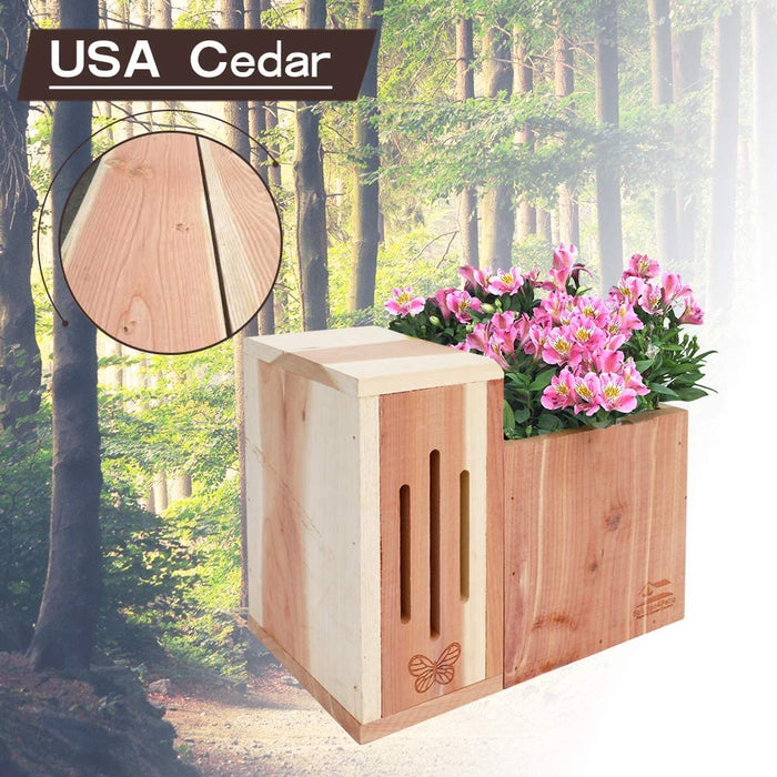 #G-B309A00-US USA Cedar Butterfly House & Flower Pot 2 in 1 Combination Multifunctional Design with Drainage Holes, 9.2 In. L X 5.7 In. W X 8.0 In. H