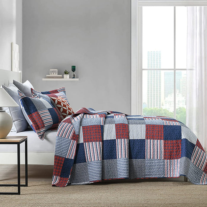 100% Cotton Quilt Set Queen Size, Patchwork Plaid Queen Quilt Bedding Set Bedspreads, Farmhouse Lightweight Comforter Reversible Quilt, Blue/Red/White Bed Spread for Queen Bed, 3 Pieces