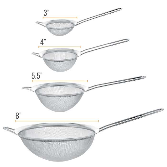 - Set of 4 Fine Mesh Stainless Steel Strainers, 3", 4", 5.5" and 8" Sizes