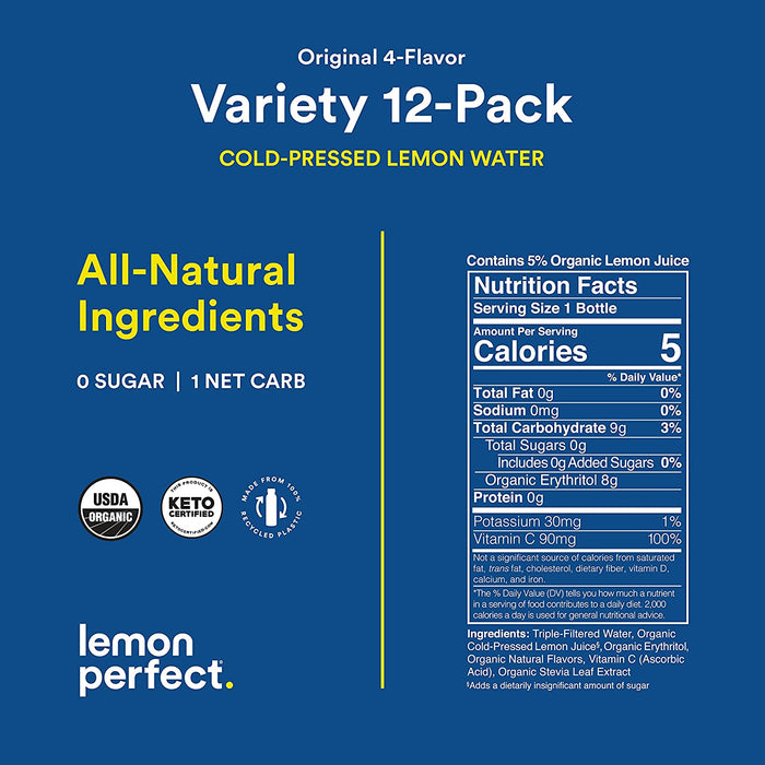 , Organic Cold-Pressed Lemon Water, Squeezed from Real Fruit, Flavored Water, Sugar-Free, Keto Certified, No Artificial Ingredients, Variety Pack (12-Pack)