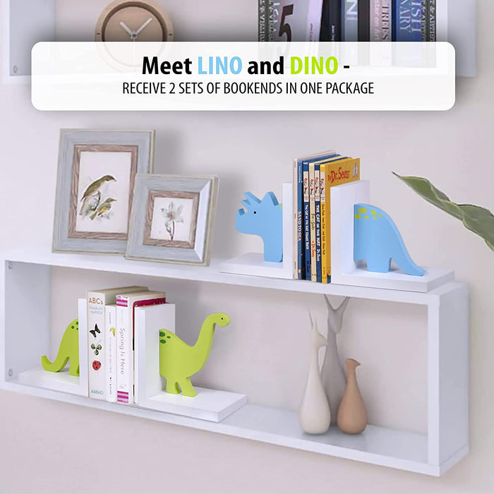 - Kids Bookends - 2 Sets of Dinosaur Bookends – Children Book Holders for Shelves – Wooden Dinosaur Shelf Decor – Large Wooden Book Stopper for Nursery, Kids and Boys Room