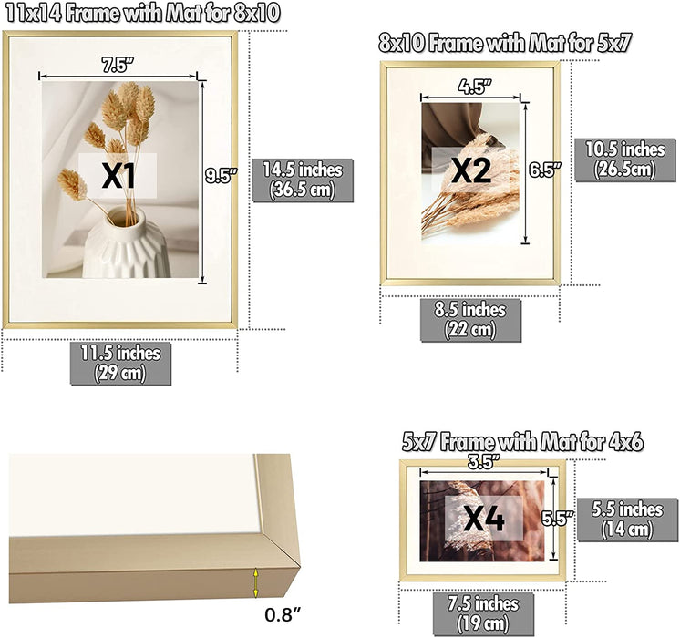 , 7 Pack Frames for One 11X14, Two 8X10, and Four 5X7 Pictures. Aluminum Photos Frame for Wall or Tabletop Display (Gold)